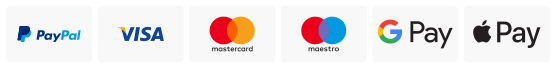 Na sliko so prikazani logotipi različnih plačilnih opcij, PayPal, Visa, Mastercard, Maestro, Google pay in Apple pay, druge možnosti so tudi na voljo samo niso prikazane preko slike, gotovina in plačilo po povzetju