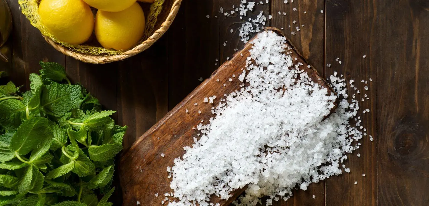 Groba jedilna sol raztresena po leseni rezalni deski, ob njej sveže limone in listi mete. Prekomerno uživanje soli lahko prispeva k napihnjenosti.