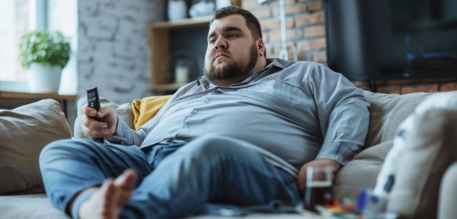Moški srednjih let sedi na kavču, drži trebuh in vidno nelagodno gleda televizijo, saj se sooča z napihnjenostjo.