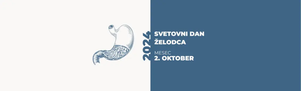 Grafika želodca ob svetovnem dnevu želodca — bela in modra polovica z napisom — široka pasovna slika za namizni prikaz.
