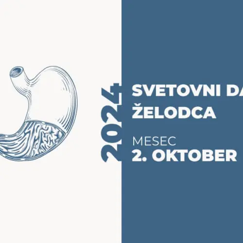 Grafika želodca ob svetovnem dnevu želodca — bela in modra polovica z napisom — široka pasovna slika za namizni prikaz.