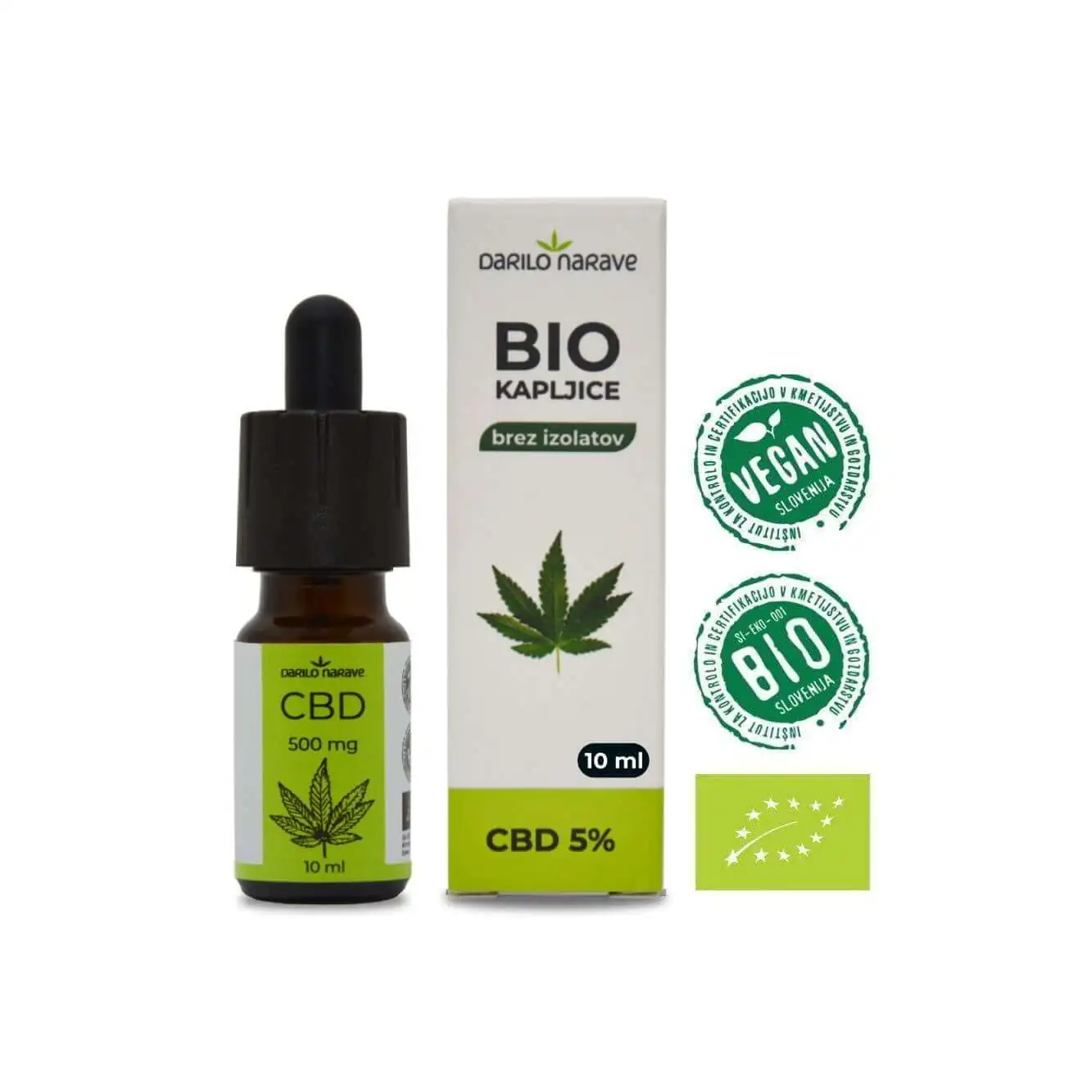 Izdelek BIO CBD kapljice 5% 10ml z oznakami Vegan, BIO in zelenim listom EU ekološke kmetije.
