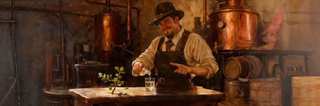 Oljnata slika starega mojstra, ki prideluje čisti alkohol za mešanje z Chios mastiko.