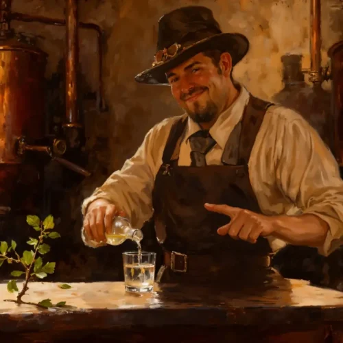 Oljnata slika starega mojstra, ki prideluje čisti alkohol za mešanje z Chios mastiko.