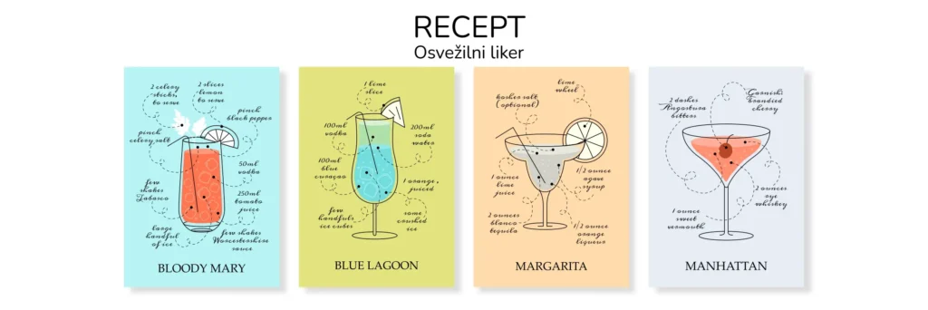 Osvežilni liker - Ilustracija različnih alkoholnih pijač.