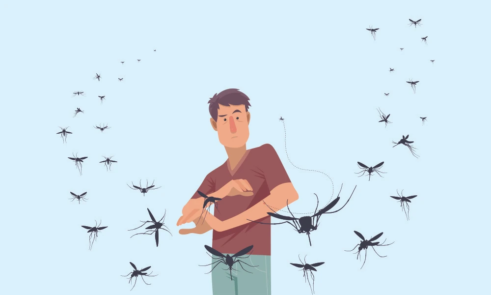 ZAPIK zaščita po pikih komarjev in drugih insektov, ilustracija moškega ki se odtepa številnim komarjem, letajo okoli njega.