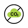 Ikona prečrtanega oblačka CO2 kot oznaka, da pri izdelavi ni uporabljen CO2 in je izdelek okolju prijazen.